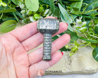 Polished Pyrite Thor’s Hammer Mjolnir Carving - Protection Strength & Abundance Talisman - Metaphysical Crystals