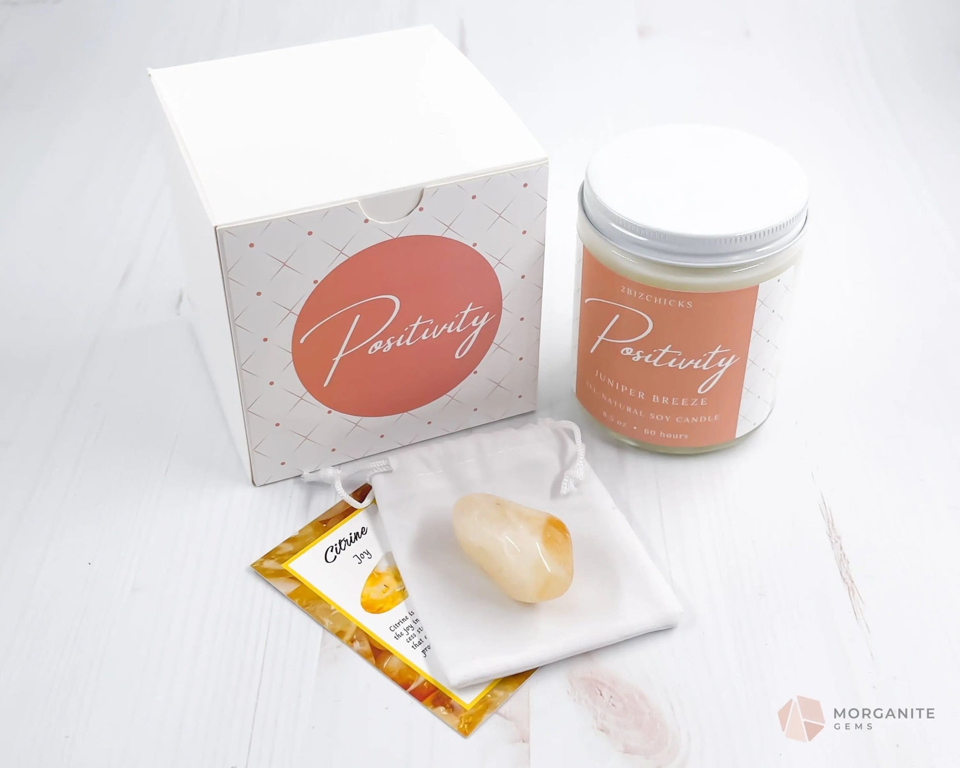 Positivity Scented Candle with Crystal for Self Care Kit and Mental Health Gift-Morganite Gems