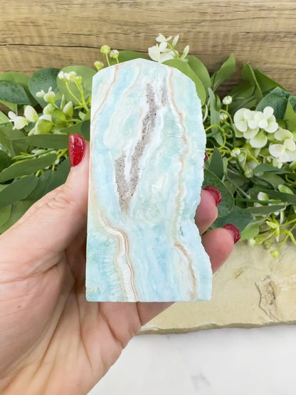 Caribbean Calcite Hemimorphite Tower No. 5 – 4.1″ Sliced & Druzy Crystal Tower | 250 g