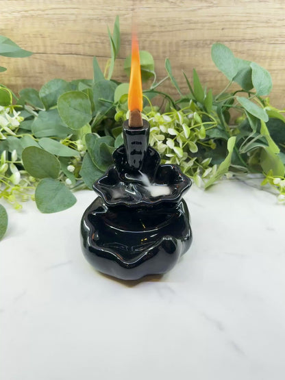 Lotus Black Ceramic Backflow Incense Burner – 4.8" Waterfall Smoke Fountain for Meditation & Zen Decor
