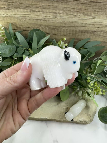 Large Hand-Carved Alabaster Buffalo – 2.7" Wide Spirit Animal Figurine for Strength & Grounding