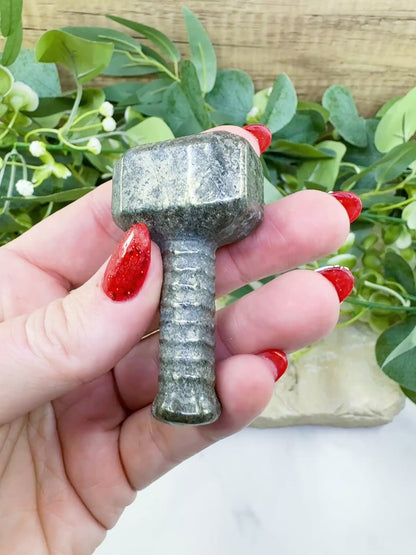 Polished Pyrite Thor's Hammer Mjolnir Carving - Protection, Strength & Abundance Talisman