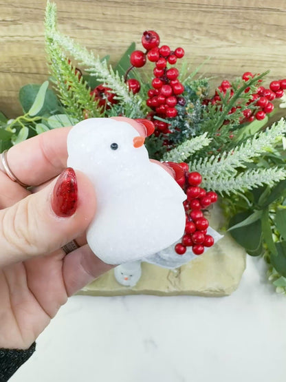 White Jade Crystal Snowman Carving (3oz) - Holiday Decor, Luck & Calming Purity Stone