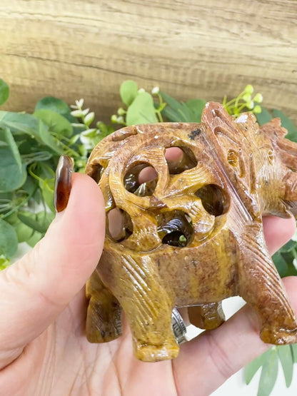 Hand-Carved Soapstone Undercut Elephant No.1 – 3.4" Lattice Sculpture with Baby Inside – Natural Stone Elephant Figurine for Wisdom & Luck