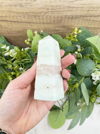 Caribbean Calcite Obelisk Tower No. 3 – Polished Blue Calcite & Aragonite Standing Point for Calm & Third Eye Activation