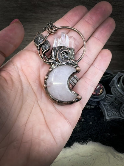 Clear Crystal Moon & Plant Pendant Necklace – Copper Gemstone Jewelry