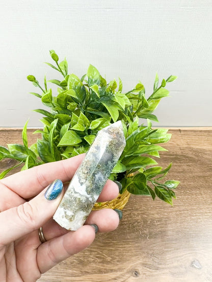 Moss Agate Tower Point – Tranquil Earthy Charm for Spiritual Connection