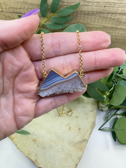 Agate Mountain Pendant Necklace in Gold – Blue Banded Druzy Crystal Peak Jewelry – Grounding Stone Pendant for Stability & Balance