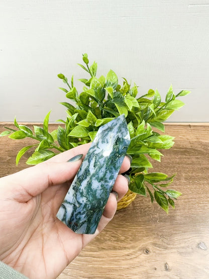 Moss Agate Tower Point – Tranquil Earthy Charm for Spiritual Connection