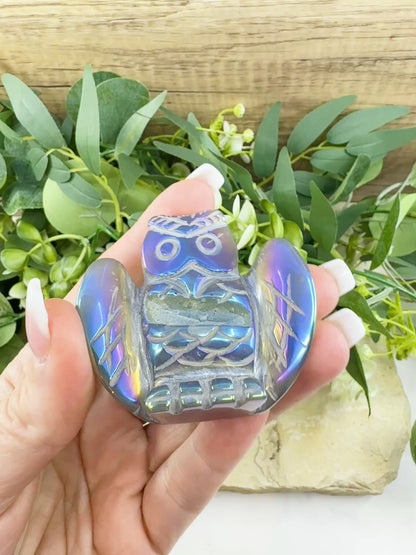 Aura Quartz Owl Carving No. 2 – Rainbow Iridescent Crystal Totem of Wisdom & Intuition (2.3" Wide)