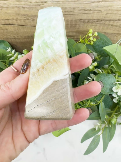 Caribbean Calcite Obelisk Tower No. 4 – Polished Blue Calcite & Aragonite Standing Point for Calm & Third Eye Activation