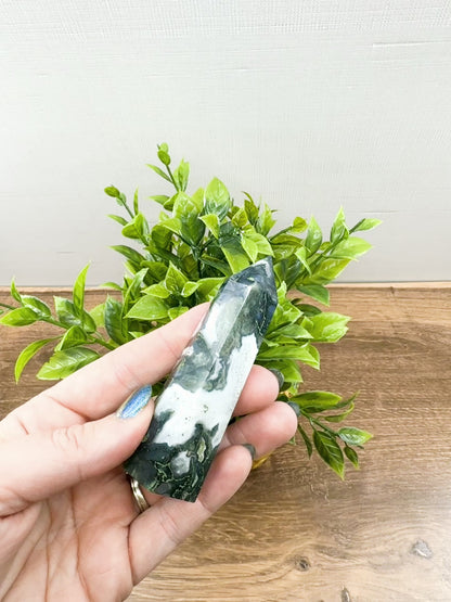 Moss Agate Tower Point – Tranquil Earthy Charm for Spiritual Connection