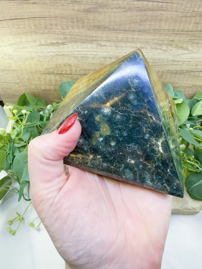 Ocean Jasper Crystal Pyramid No. 2 (4in) - Sunshine Yellow Orbicular Stone for Positivity & Joy