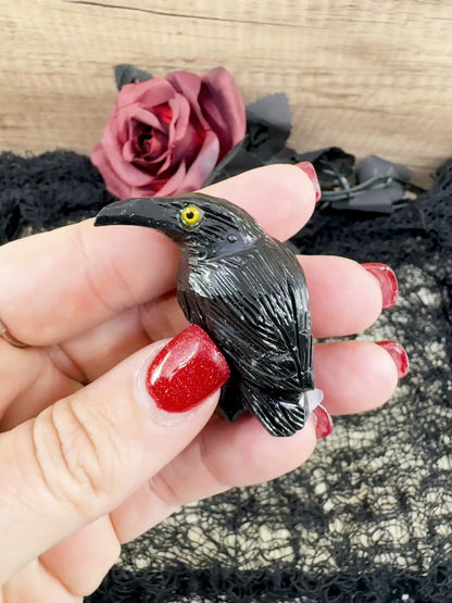 Hand-Carved Black Onyx Raven – Raven Totem in Black Onyx - Available in Multiple Sizes