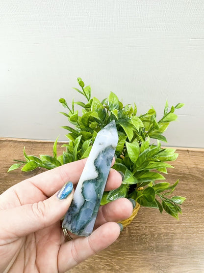 Moss Agate Tower Point – Tranquil Earthy Charm for Spiritual Connection