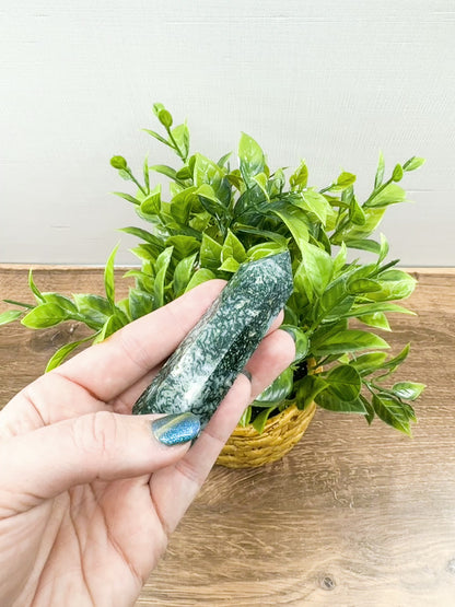 Moss Agate Tower Point – Tranquil Earthy Charm for Spiritual Connection