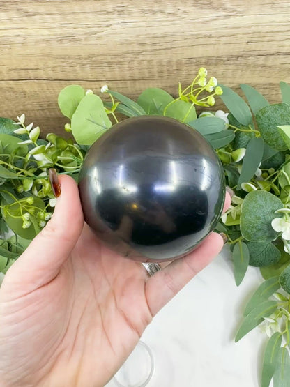84mm Polished Shungite Sphere – High-Carbon Grounding Stone & EMF Protection Decor
