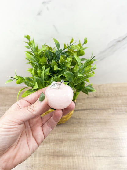 Rose Quartz Apple Carving with Crystal-Embellished Leaf – Symbol of Love and Abundance