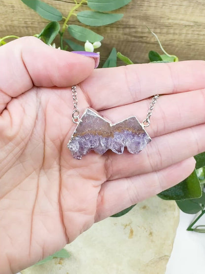 One-of-a-Kind Polished Amethyst Mountain Necklace – Hand-Shaped Druzy Crystal Peaks – Unique Purple Quartz Jewelry for Peace & Intuition