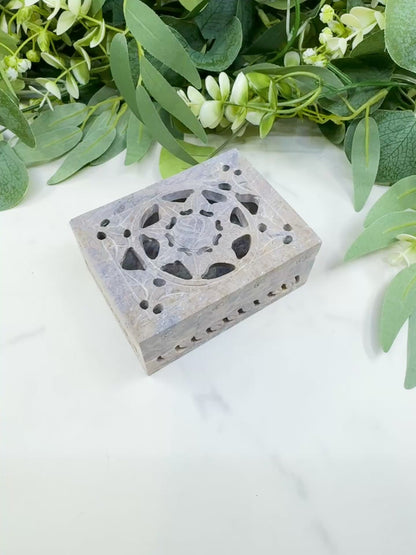 Hand-Carved Soapstone Jewelry Box – 4" Hinged Lattice Keepsake Chest – Natural Stone Trinket Box for Crystals, Jewelry, & Altar Supplies