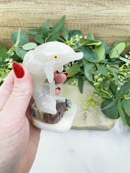 Hand-Carved Dolphin Crystal Sculpture (205g) on Mixed Stone Base with Pen/Wand Holder