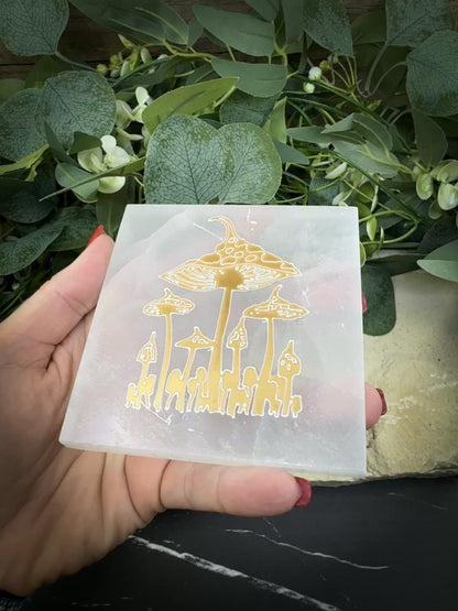 4-Inch Square Mushroom Selenite Plate – Hand-Carved Crystal Charging Disc for Energy Cleansing