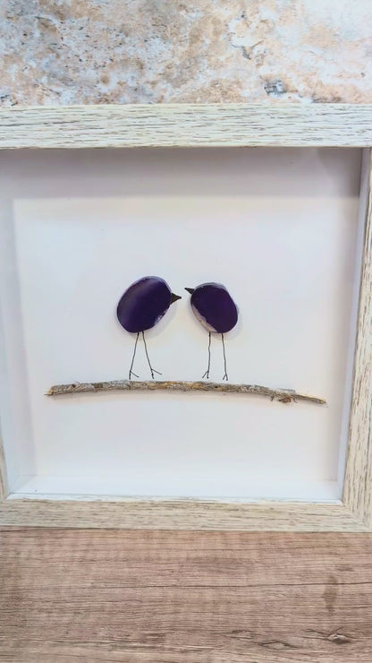 Agate Slice Bird Art in Upcycled Frame, Unique Gemstone Wall Decor, Nature-Inspired Gift