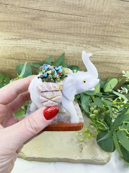 Hand-Carved Elephant Crystal Pen Holder (270g) - Good Luck, Wisdom & Stability Sculpture