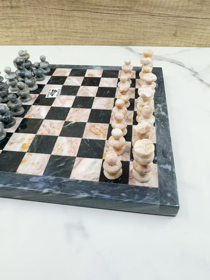 Hand-Carved Mexican Onyx Chess Set (7.75") – Compact Pink & Black Stone Strategy Board Game