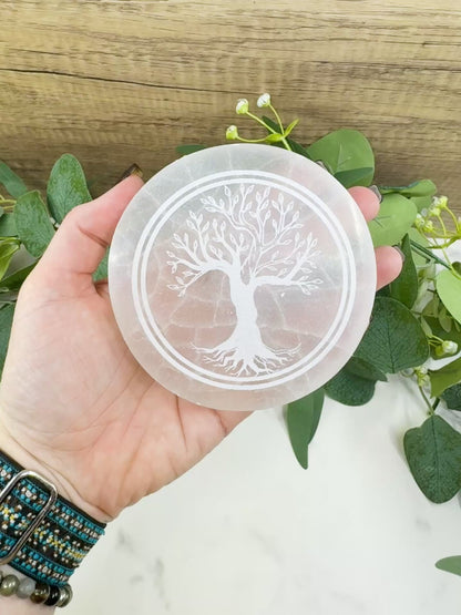 4-Inch Round Selenite Tree of Life Plate – Hand-Carved Crystal Charging Disc for Energy Cleansing