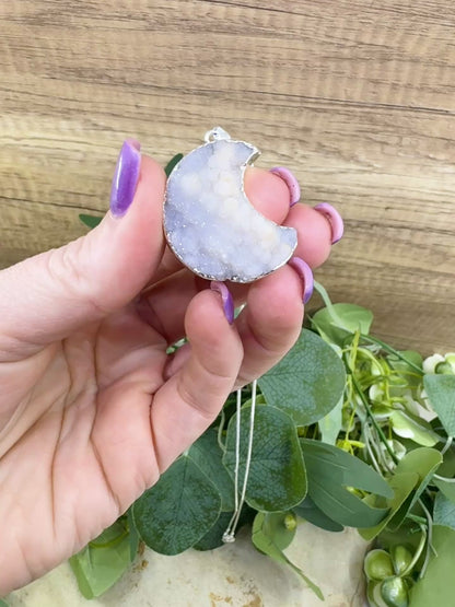 Light Grey Druzy Crescent Moon Pendant Necklace – Shimmering Silver Stalactite Druzy – 22" Snake Chain Celestial Jewelry