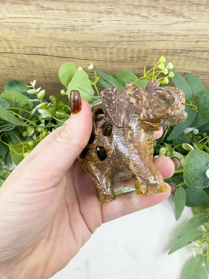 Hand-Carved Soapstone Undercut Elephant No.2 – 3.4" Lattice Sculpture with Baby Inside – Natural Stone Elephant Figurine for Wisdom & Luck