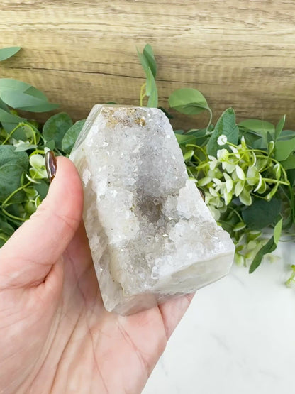 Polished Agate Geode Point (14.5oz) – Clear Quartz Druzy Tower for Amplification & Clarity