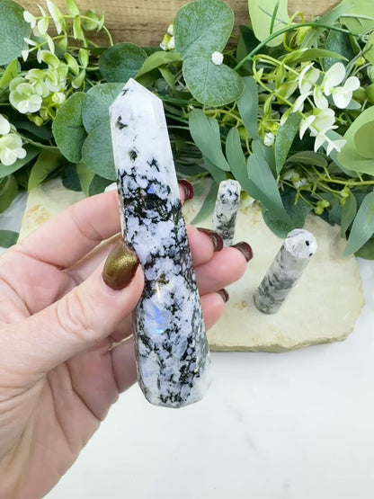 Rainbow Moonstone Tower 4-4.5 Inch Crystal Point for Intuition Goddess Energy & New Beginnings