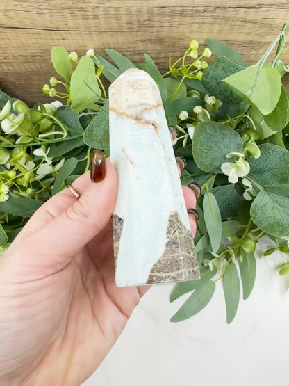 Caribbean Calcite Hexagonal Tower No. 1 – Polished Blue Calcite & Aragonite Point for Calm & Third Eye Activation