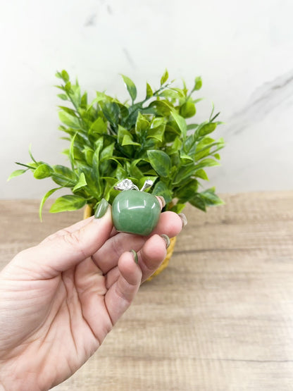 Green Aventurine Apple Carving with Crystal-Embellished Leaf – Symbol of Luck and Prosperity