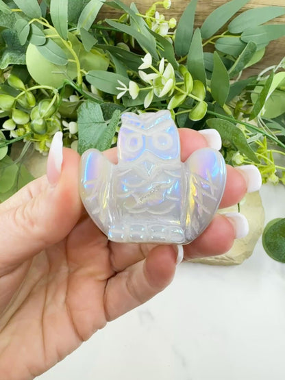 Aura Quartz Owl Carving No. 3 – Iridescent Crystal Totem of Intuition, Wisdom & Protection (1.9" Wide)