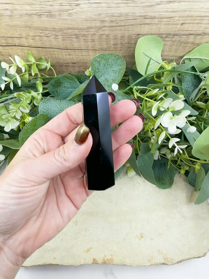 Black Obsidian Tower Point 3.5 Inch Crystal Generator Protection Grounding Root Chakra Healing