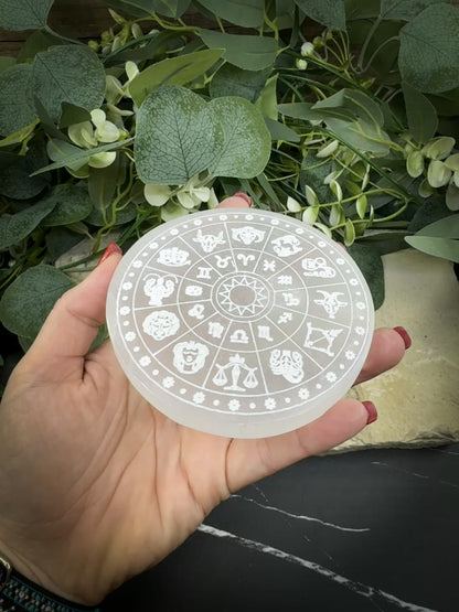 4″ Round Zodiac Selenite Plate – Astrological Signs Engraved Charging & Décor Disk