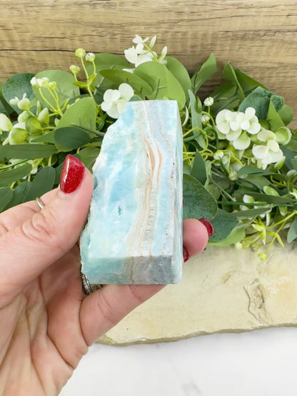 Caribbean Calcite Hemimorphite Tower No. 4 – 3.8″ Sliced & Druzy Crystal Tower | 220 g