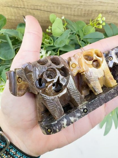 Hand-Carved Soapstone Elephant Train – 7" Undercut Lattice Sculpture – Natural Stone Family of Five Figurine for Luck & Wisdom