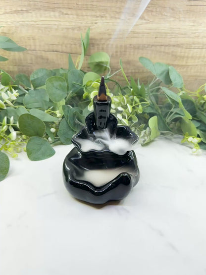 Lotus Black Ceramic Backflow Incense Burner – 4.8" Waterfall Smoke Fountain for Meditation & Zen Decor