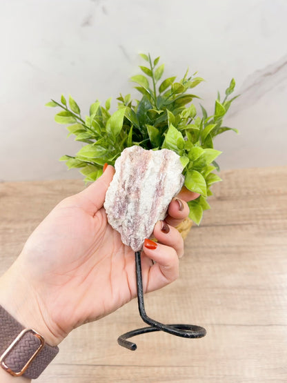 Raw Pink and White Tourmaline on Metal Stand – Healing Crystal for Love, Balance & Emotional Support