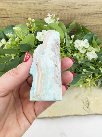 Caribbean Calcite Hemimorphite Tower No. 6 – 3.9″ Sliced & Druzy Crystal Tower | 152 g