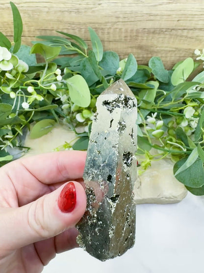 Polished Pyrite Crystal Tower Point No.1 (132g) - Direct Manifestation & Abundance Energy