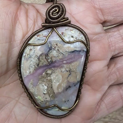 Wire-Wrapped Peruvian Pink Opal with Copper Necklace with Sterling
