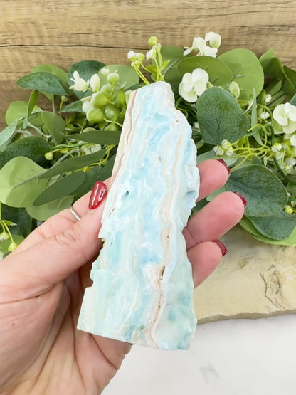Caribbean Calcite Hemimorphite Tower No. 2 – 5.2″ Sliced Tower with Druzy Face | 236 g
