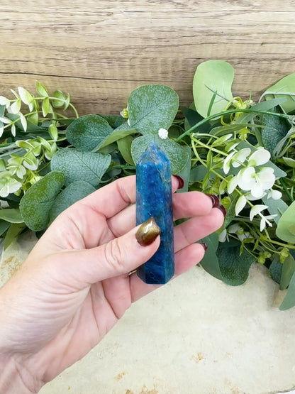 Apatite Tower Point Crystal – Blue Green Apatite Obelisk for Clarity Motivation Throat Chakra Energy