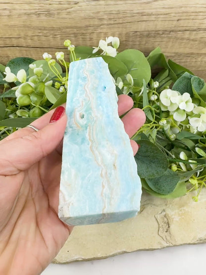 Caribbean Calcite Hemimorphite Tower No. 1 – 5.8″ Sliced & Druzy Crystal Tower | 280 g
