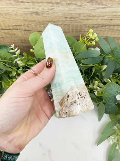 Caribbean Calcite Obelisk Tower No. 6 – Polished Blue Calcite & Aragonite Standing Point for Calm & Third Eye Activation